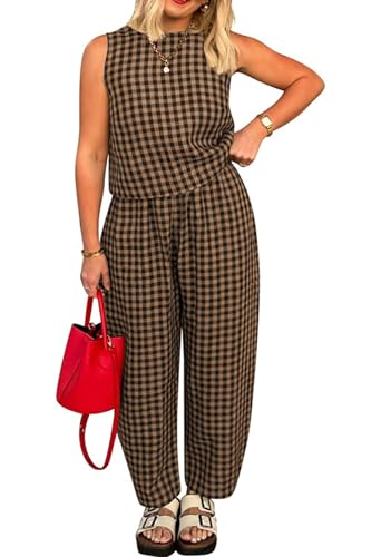 loveimgs Women 2 Piece Pants Set Lounge Summer Outfit Sleeveless Plaid Vest Tank Top Tracksuit Lightweight Pants Set