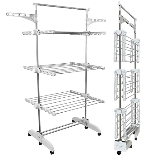 PORTENTUM Tendedero Vertical Plegable 14 cm – 5 Niveles y 58 Ganchos para Perchas – hasta 40 kg – Tenderete 24 Barras de Secado de Acero Inoxidable – Interior y Exterior – Ruedas giratorias con Freno