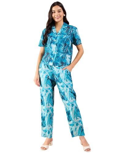Image of Modeve Women Shirt Pant Navy Abstract Print Co-Ord Set