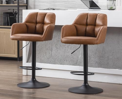 CIMOTA Brown Leather Swivel Bar Stools Set of 2 Modern Bar Height Adjustable Barstools with Back Counter Height Bar Stools Bar Chairs with Armrest for Kitchen Island/Bistro/Pub, PU