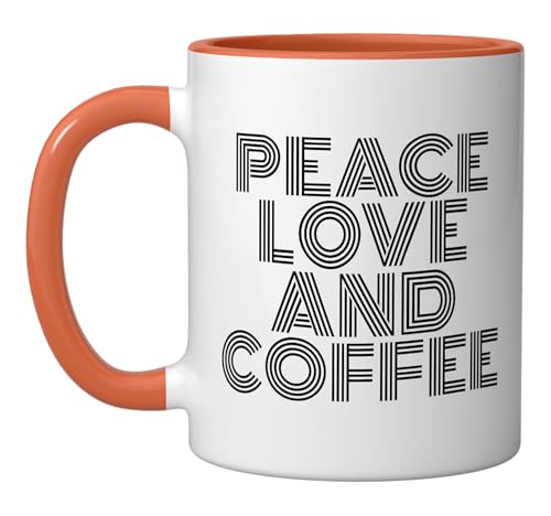 Peace Love And Coffee Retro 70s Vintage Style Ceramic Mug, Orange/White