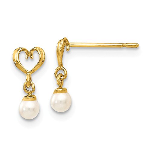 Solid 14k Yellow Gold Freshwater Cultured Pearl Heart Dangle Studs Post Earrings - 9mm x 5mm