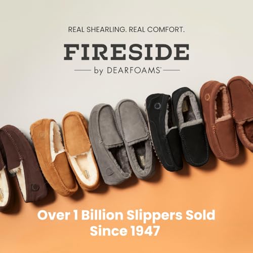 Image of Fireside By Dearfoams Men's Melbourne Genuine Shearling Moccasin Slippers, Memory Foam Sudede Loafers Slip-in House Shoes