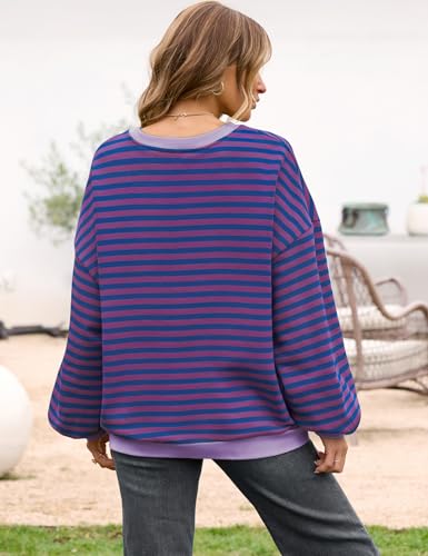 Image of UEU Women Oversized Striped Crewneck Sweatshirt Long Sleeve Color Block Pullover Tops Casual Loose Workout Shirt