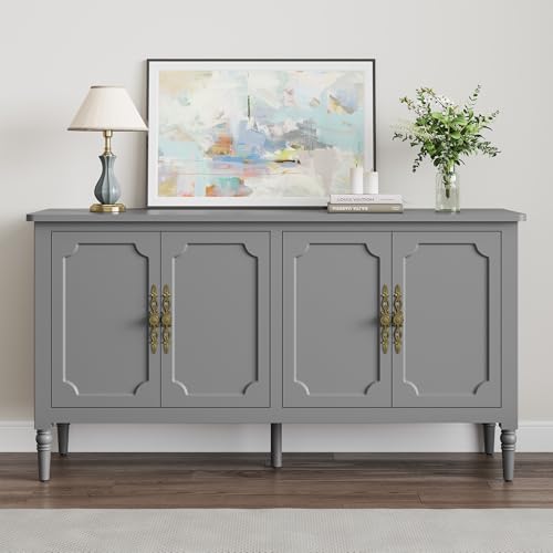 Image of FansaFurn 58'' Large Sideboard Buffet Cabinet with 4 Doors, Modern Credenza Buffet Table for Coffee Bar, Storage Cabinet for Dining Room Living Room, Grey