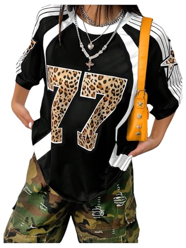 GORGLITTER Women's Leopard Number Print Jersey Shirts Striped Colorblock Crewneck Short Sleeve Streetwear Tee Tops Black Large