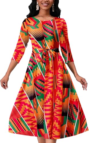 Image of PerZeal Casual Midi Dress for Women African Floral Print Dress 3 /4 Sleeve Flowy Dress with Belt 2025 Boho Fashion XX-Large