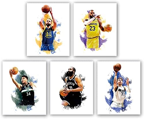 Watercolor basketball superstar canvas poster，Stephen Curry，Giannis Antetokounmpo，LeBron James ，Luka Doncic，James Harden Canvas Posters,Basketball Posters for Boys Room Decor Basketball Soccer Fan Gift, Set of 5 – (8 x 10 Inch Unframed)