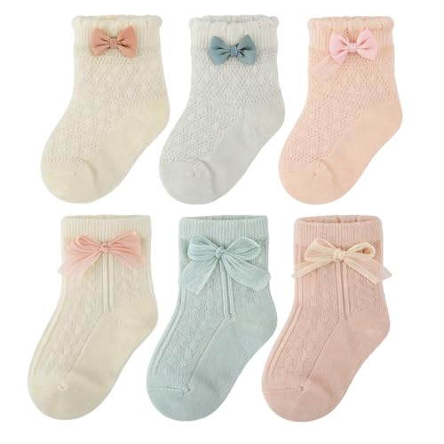 QHANSHIEE 6 Packs Baby Girls Socks Mesh Thin Cotton Bow Ruffle Ankle Socks for Newborn Girls Toddler Infant Cute Dress Sock