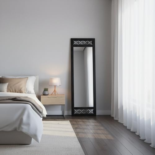 Image of APRODZ Solid sheesham Wood Full Length Floor Mirror for Bedroom Living Room Dressing Area Rectangular Mirror with Carved Sheesham Wood FrameModern Home Decor Furniture (Black)