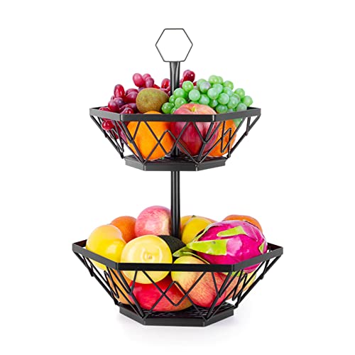 corbeille a fruits 2 etages - Grande panier a fruits a etages en métal décoration plan de travail - Coupe de fruit design noire – Corbeille table fruits et legumes fraîcheur