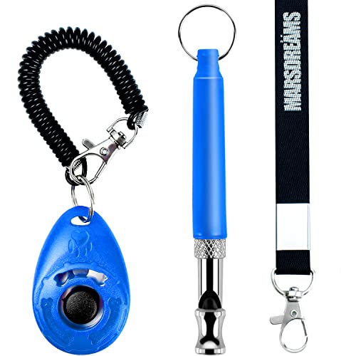 Marsdreams - Pet Training Clicker, Whistle -Training Behaviour Aids Accessories For Puppies With Lanyard - Barking Control Device - Long Range Adjustable Frequency - Pack Of 3 - Blue #TOP28