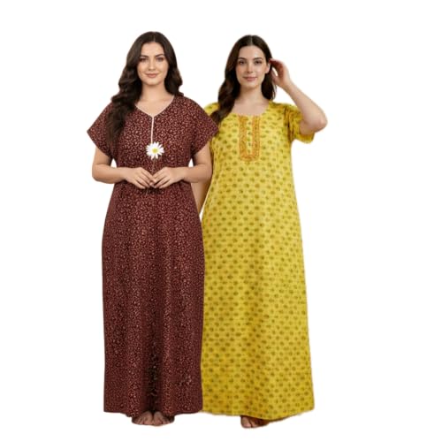 Image of Bahumaan Nighty for Women Cotton Combo Pack of 2 | Free Size Gown for Women Cotton with Side Pocket | Nighties for Women Pure Cotton Combo Stylish | Maxi Sleepwear
