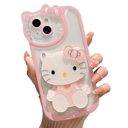 Podafu For Iphone 14 Cute Pink Kawaii Cartoon Style Soft Bumper Case With Makeup Mirror cover