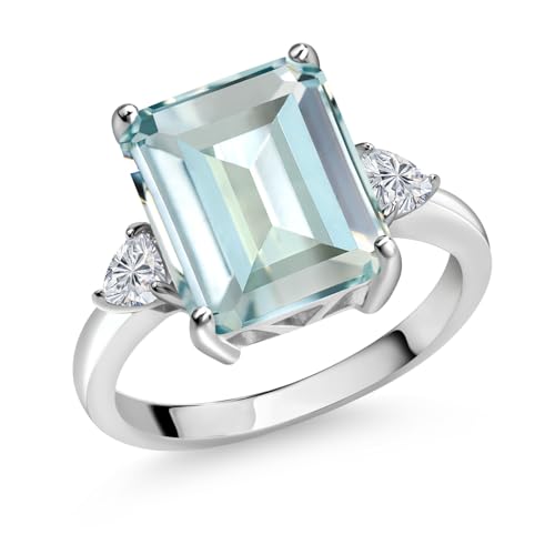 Gem Stone King 925 Sterling Silver Sky Blue Simulated Aquamarine and Lab Grown Diamond 3-Stone Engagement Ring For Women | 5.69 Cttw | Emerald Cut 12X10MM | Gemstone March Birthstone | Size 8
