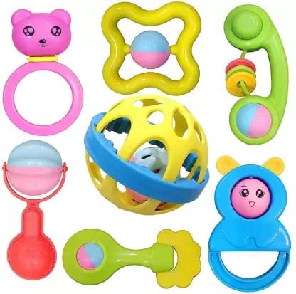 Noxxi 7 Pcs Rattle Toy for Baby Bath Safe Non-Toxic Colorful Plastic Tasteless Hanging Gift 100% Safe for Infants New Born Babies