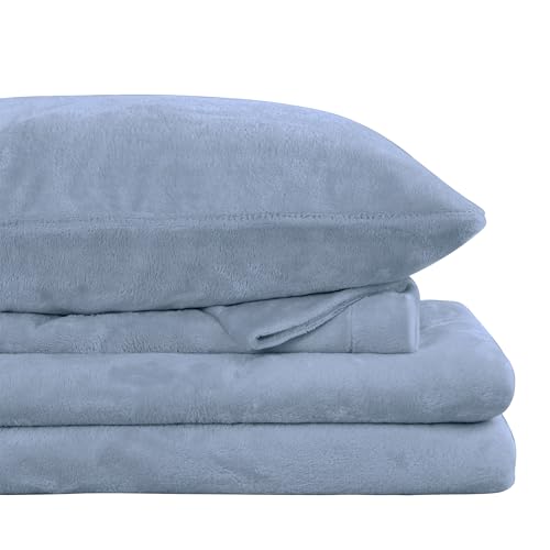 Image of Viviland Plush Microfleece Queen Bed Sheet Set, Dusty Blue | Soft Flannel-like Fleece, 100% Polyester, Fluffy Velvety Feel, 200GSM, 15 inch Deep Pocket, Warm Winter Gift & Decor