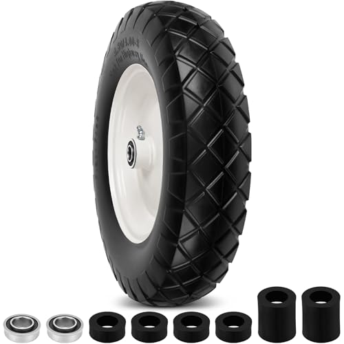 4.80/4.00-8' Flat Free Wheelbarrow Tire and Wheels, 16' Universal Fit Solid Tire with 5/8' or 3/4' Bearing, 3'-7' Hub, Adapter Kit Hand Truck Wheel Replacement for Garden Trailer, Wagons, 1 PCS