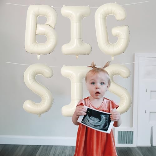 Image of 40 Inch Cream BIG SIS Balloons, Large Beige Neutral Big Sis Balloon Letters Sign with Ribbon, Ivory White Sand Baby Girls Balloon for Her Birthday Baby Shower Gender Reveal Party Decoration Supplies