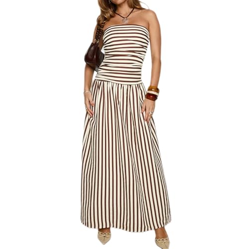 Image of Women Tube Top Maxi Dress Summer Strapless Backless Bodycon Long Bandeau Dress Elegant Off Shoulder A Line Dresses