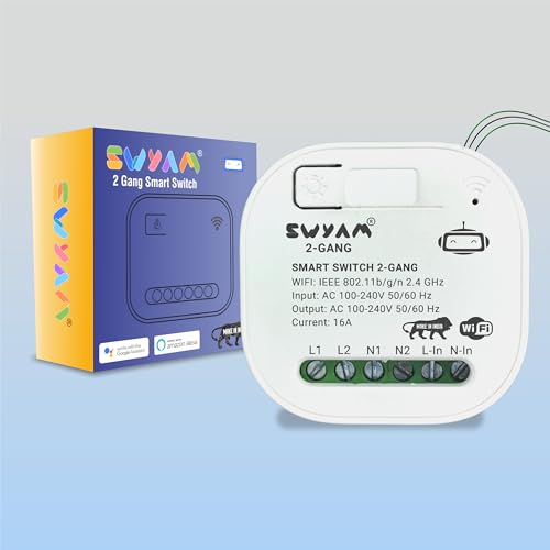 SWYAM® 2-Gang WiFi Smart Switch - Made In India (1-Year Warranty), Electrical Safety, No Hub Required, Supports Alexa & Google, 2-Way Control, 16A Load