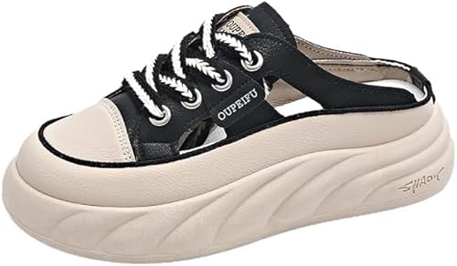 Hhhchpm Women's Slip on Platform Sneakers Mule Shoes Comfortable Breathable Cutout Casual Clogs Fashion Summer Lace-Up Non-Slip Hollow Sandals Outdoor Casual Driving Shoes (Black,8)