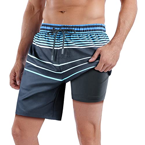 QRANSS Mens Swim Trunks with Compression Lined 7'' Swim Shorts Quick Dry Swimwear Boardshorts with Boxer Brief Liner