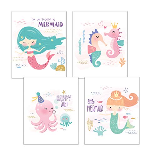 PMP 4life.® Wandbilder Babyzimmer Kinderzimmer Poster 4er Set DIN A4 21cm x 29,7cm | Meerjungfrau Seepferdchen Krake Oktobus Rosa Tier Bilder Deko | Mädchen Babys