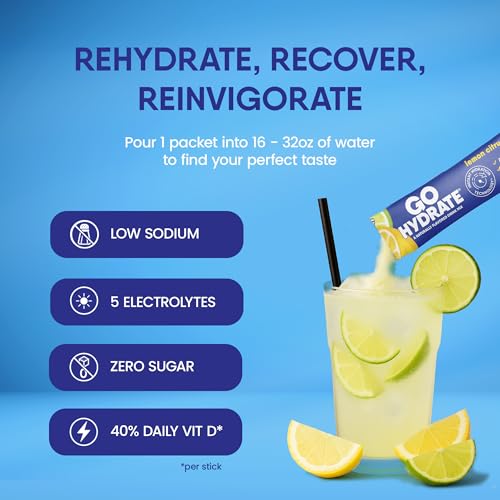 Image of GoHydrate Sugar Free Electrolytes Powder - Lemonade Mixed, 15 Packs | Low sodium instant hydration daily drink mix; water flavor packet singles with Vitamin D