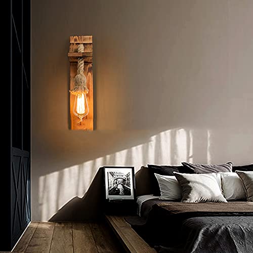 Applique murale E27 vintage bois massif suspendu corde chanvre salon - 5
