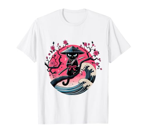 Vintage Divertente Gatto Nero Ninja Giapponese Luna Onda Kanagawa Maglietta