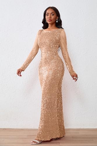 Image of VERWIN Women's Sequins Bodycon Round Neck Long Sleeve Sparkly Mermaid Maxi Dress for Casual Party Cocktail