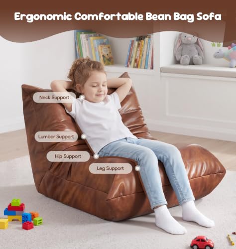 Image of Hobestluk Small Bean Bag Chair Lazy Floor Sofa Bean Bags with Memory Foam Filled Leather Waterproof Beanbag Lounge Sofa Armless Chair for Bedroom Playroom and Reading Nook Dorm (Brown, Small)