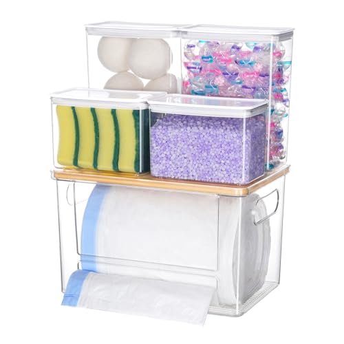 Trash Bag Dispenser Dishwasher Pods Container, 5 in 1 Garbage Bags Holder Under Sink Organizer Acrylic Laundry Pod Deter - Detailed View