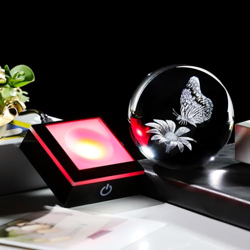 Image of Arikyrist 3D Crystal Ball Butterfly Flower Figurine with LED Base, Laser Butterfly Gifts for Women Men, Glass Butterfly Statue Ball Night Light for Christmas Birthday Home Decor (80mm)