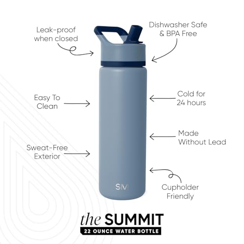Simple Modern Water Bottle with Straw Lid | Vacuum Insulated Stainless Steel Metal | Reusable Leak Proof BPA-Free Cup for School | Summit Collection | 22oz, Blue Dune
