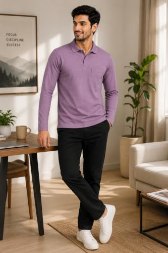 Image of CAMEY Men's Plain Solid Long Sleeve Polo T-Shirt | Regular Fit | Collared Casual Cotton Blend Tee with Chest Pocket | Everyday Comfort Wear
