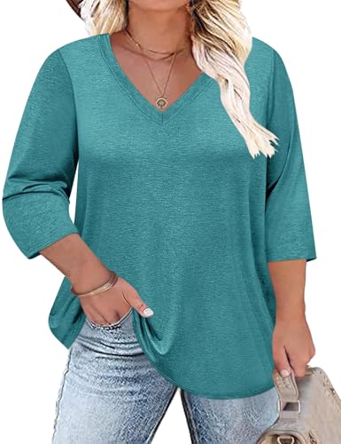 Halife Plus Size Tops for Women Summer Dressy Loose Fit 3 4 sleeve Ladies Tops and Blouses Blue Green 4X