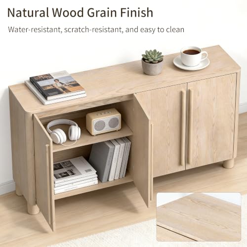 Image of 65 inch Sideboard Buffet Cabinets with Storage Set of 2 , Wood Grain Top Credenza with Adjustable Shelves, Curved Accent Cabinets with Round Legs for Dining Room, Living Room, Coffee Bar, Natural Wood