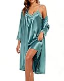 VintageClothing Women's Silk Robe Set with Nightgown 2 Pieces Lace Pajamas Sets Sexy Satin Robe with V Neck Camisole Lingerie, M