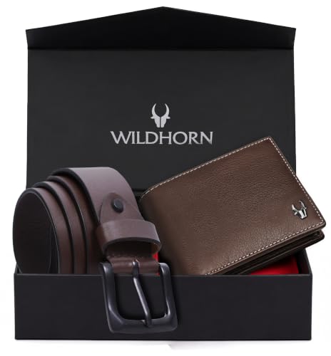 Image of WildHorn Gift Hamper for Men I RFID Protected Leather Wallet & Belt Combo Gift Set I Gift for Friend, Boyfriend,Husband,Father, Son Etc (Brown & Brown)
