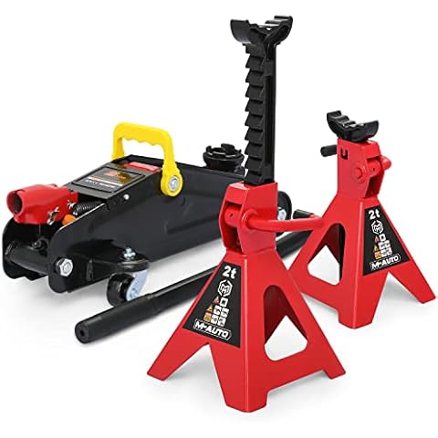 M-AUTO Hydraulic Trolley Floor Jack Combo with 2 Jack Stands, 2 Ton (4000 lb) Capacity, Steel Car Jacks Adjustable Height 10 3/4" to 16 3/4", Car Lift Auto Repair Tools, Red (Set of 3) Cover