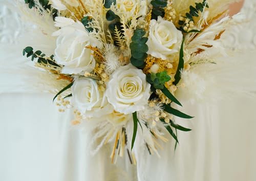 Ramo rústico boho beige y blanco para boda miniatura 6