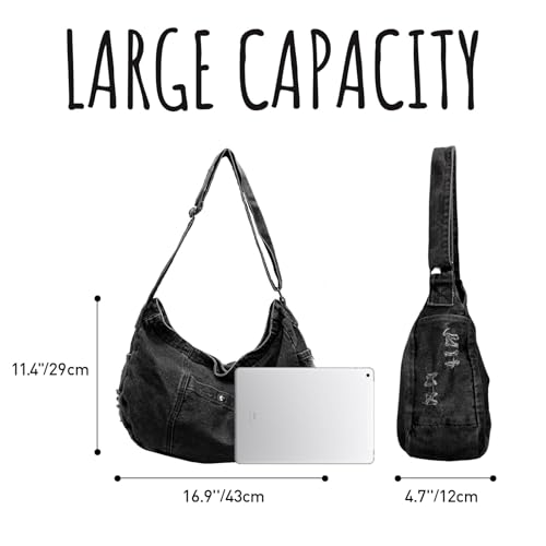 Image of Denim Shoulder Bag for Women,Canvas Tote Messenger Bag with Zipper,Large Casual Crossbody Hobo Handbag Denim Purse