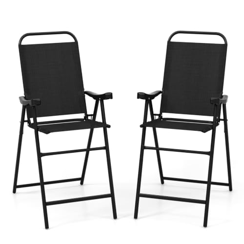 Image of COSTWAY 2 Pieces Patio Folding Bar Chairs with Metal Frame, Footrest, Arms | Outdoor Counter Height Bar Stools with High Backrest, High Top Chairs for Balcony, Garden, Deck, Porch & Poolside (Black)