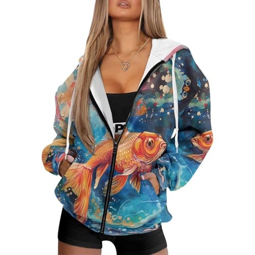 YGFLPPV Zipper Hoodies for Women Beachy Sweatshirt Goldfish Painted Print