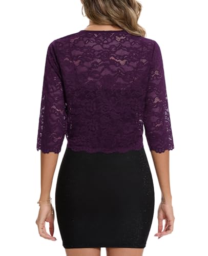 Image of MINTLIMIT Women's Elegant Floral Lace Shrug Bolero Summer Lightweight 3 /4 Sleeve Hook Open Front Cropped Cardigan for Dresses