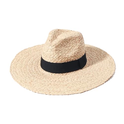 Sombreros de verano para mujer, de ala grande, sombreros de playa, vacaciones, ala ancha, sombrero de paja Fedora, Negro -, talla única