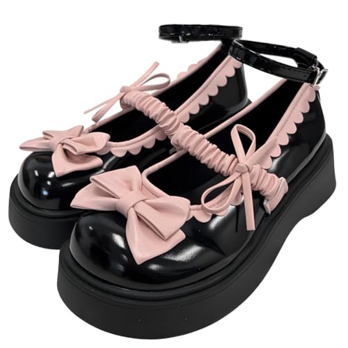 Kawaii Gothic Y2K Lolita Round Toe Platform Heels Pink Bows Lace Up Mary Jane Platform Shoes