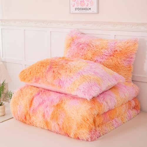 PERFEMET Orange Faux Fur Plush Comforter Set Full Size 3 Pieces Colorful Fluffy Tie Dye Girls Bedding Set Ultra Soft Warm Velvet Furry Fuzzy Bed Comforter(Orange Pink, Full) by PERFEMET - Image 7